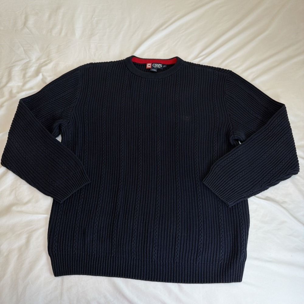 Chaps Mens Cable Knit Navy Sweater Long Sleeve 100% Cotton Size Large